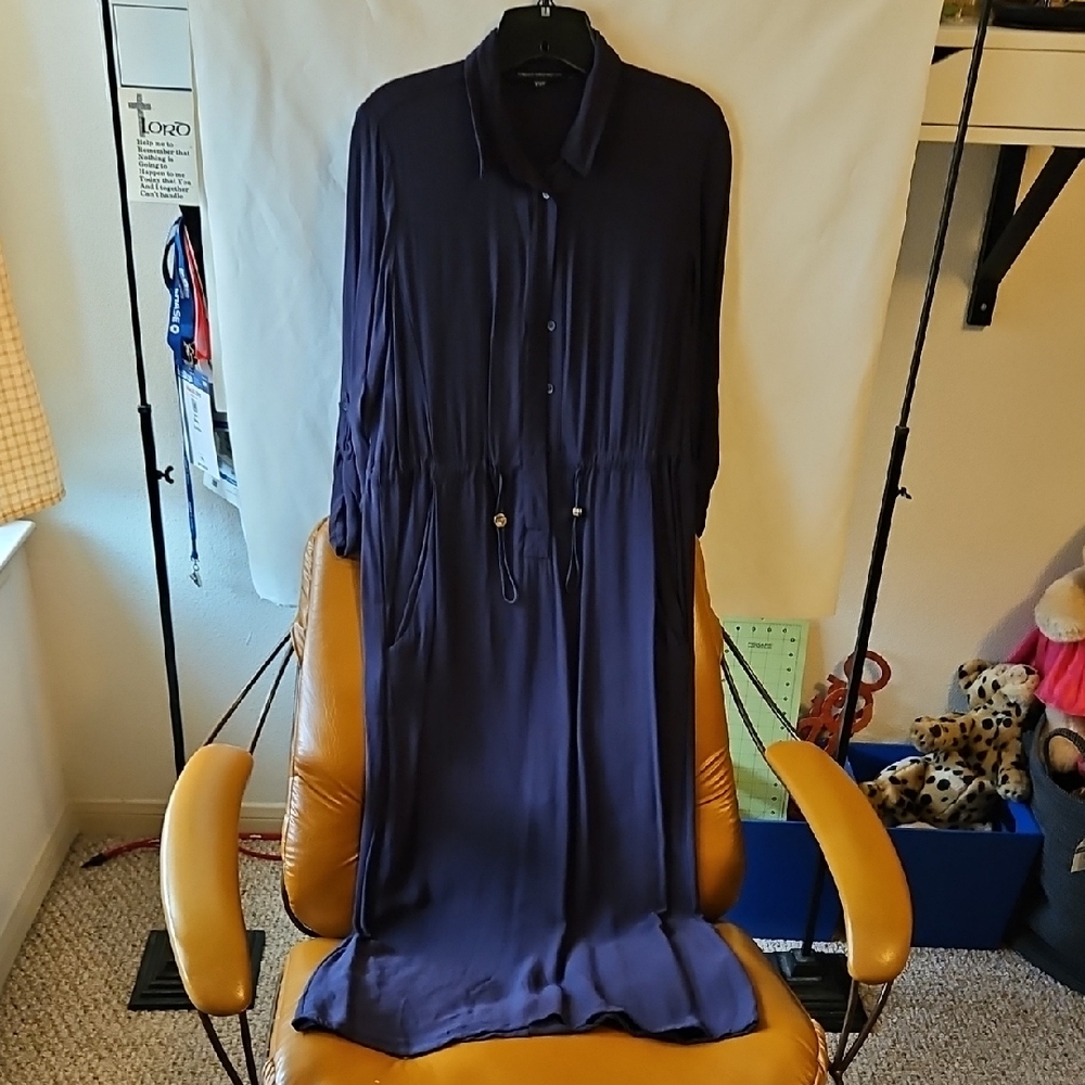 French Connection Blue Asymmetrical Dress with Mandarin Collar